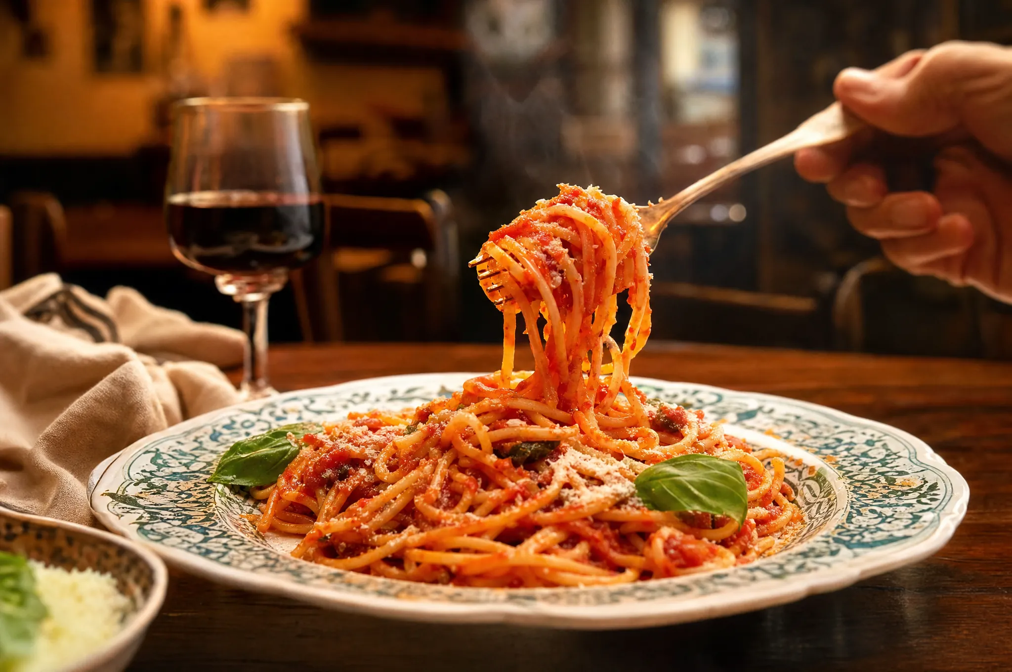 Plato de spaghetti al pomodoro recién servido, enroscados en un tenedor