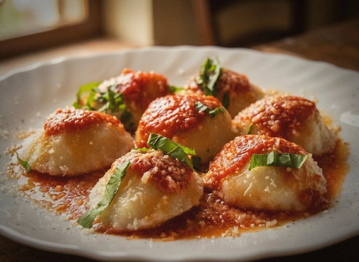 Pasta rellena con salsa de tomate y albahaca